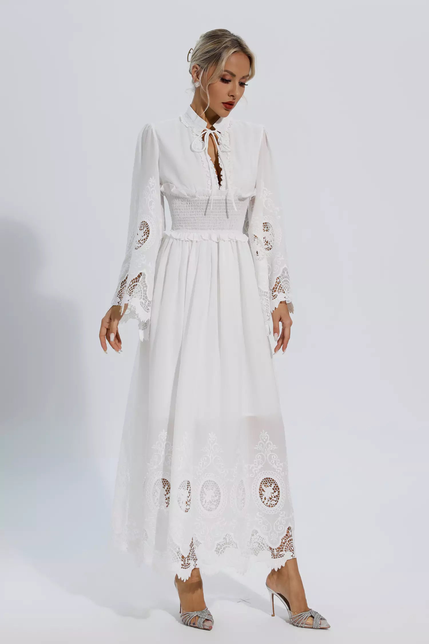 Remy White Long Sleeve Lace Maxi Dress