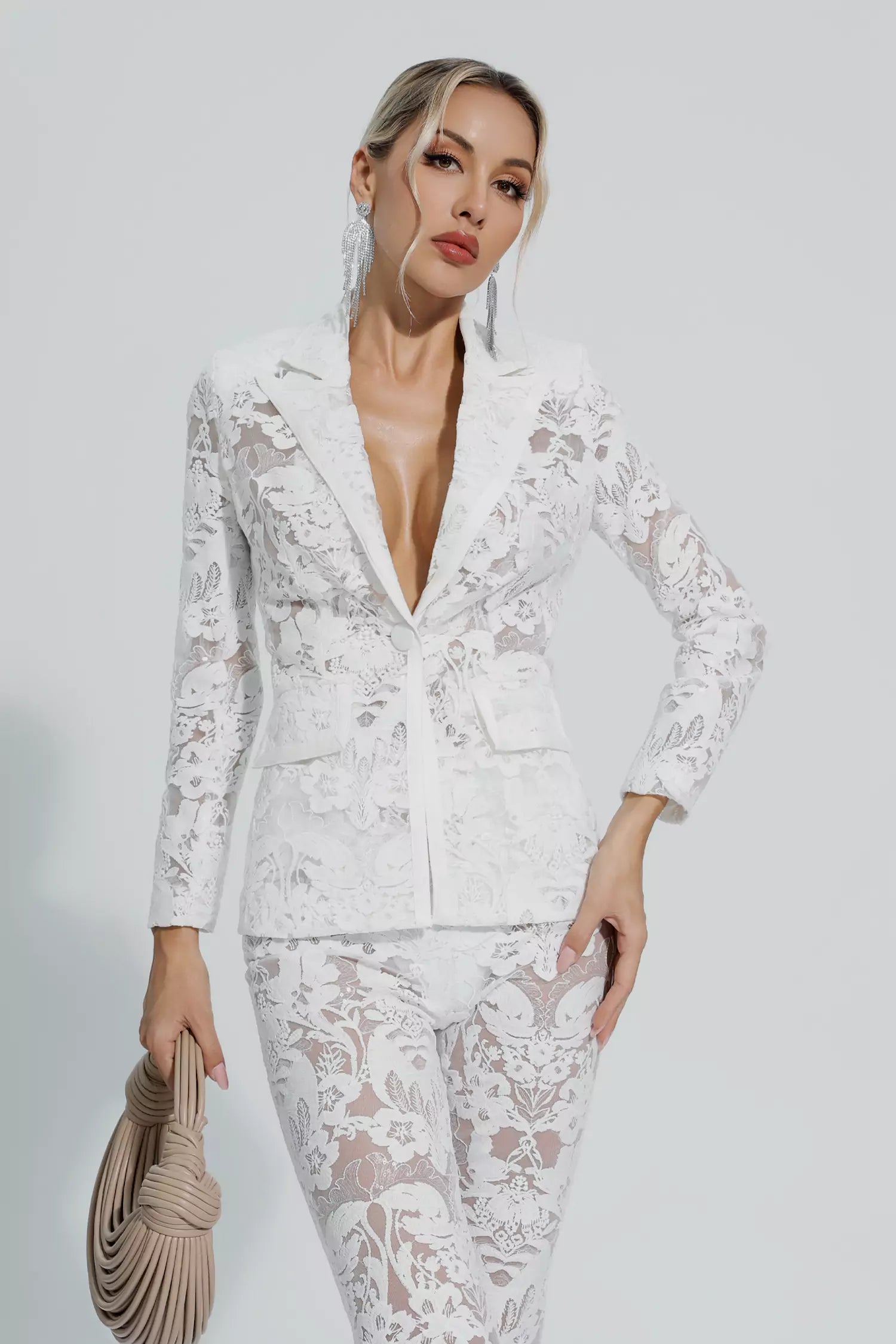 Reyna White Cutout Sequin Blazer Set