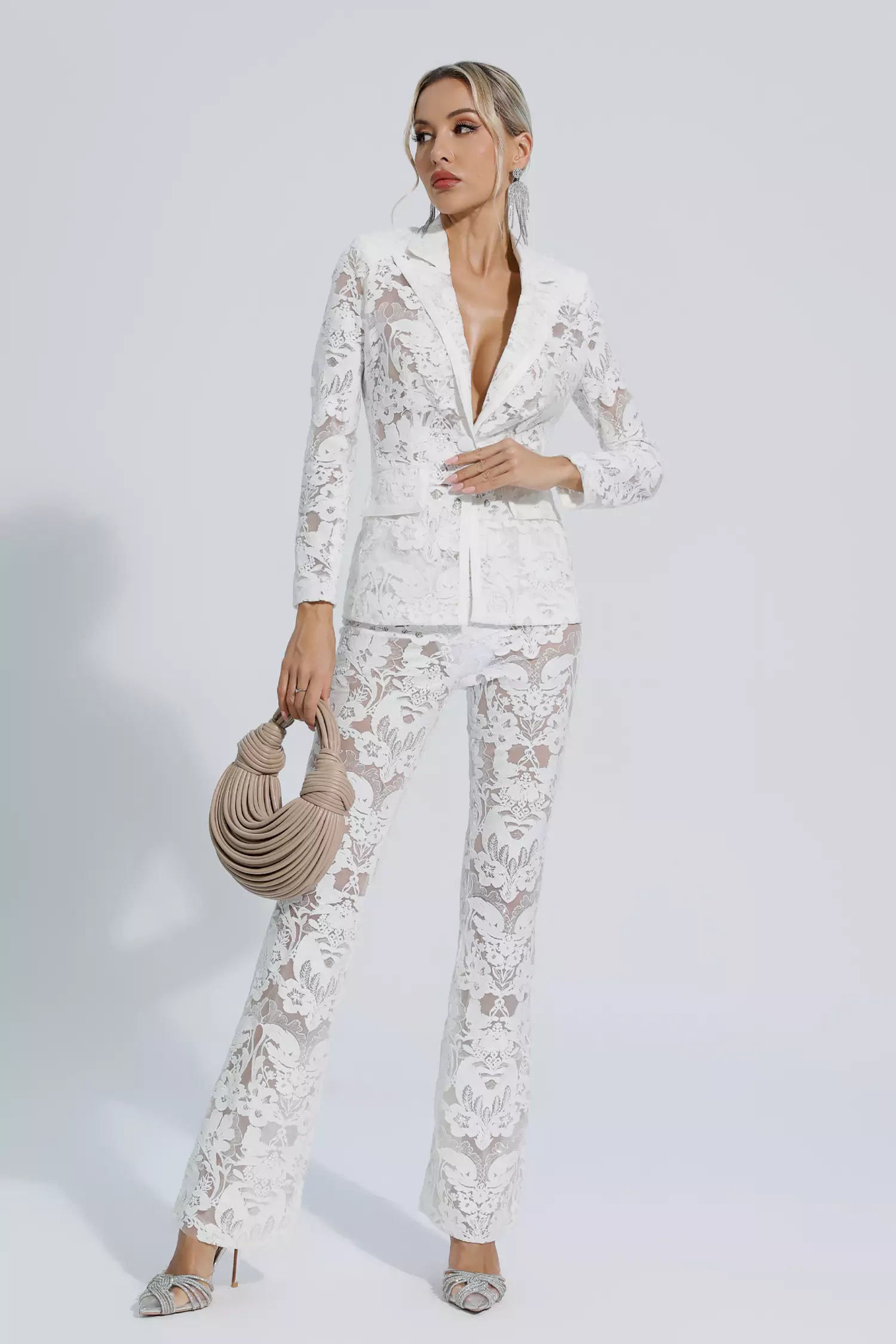 Reyna White Cutout Sequin Blazer Set