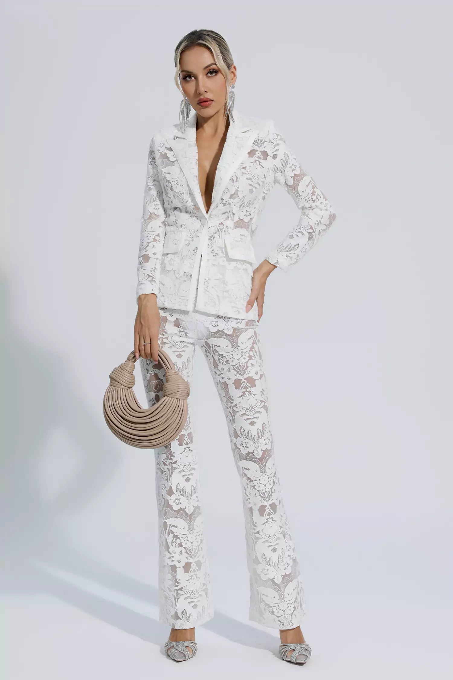 Reyna White Cutout Sequin Blazer Set