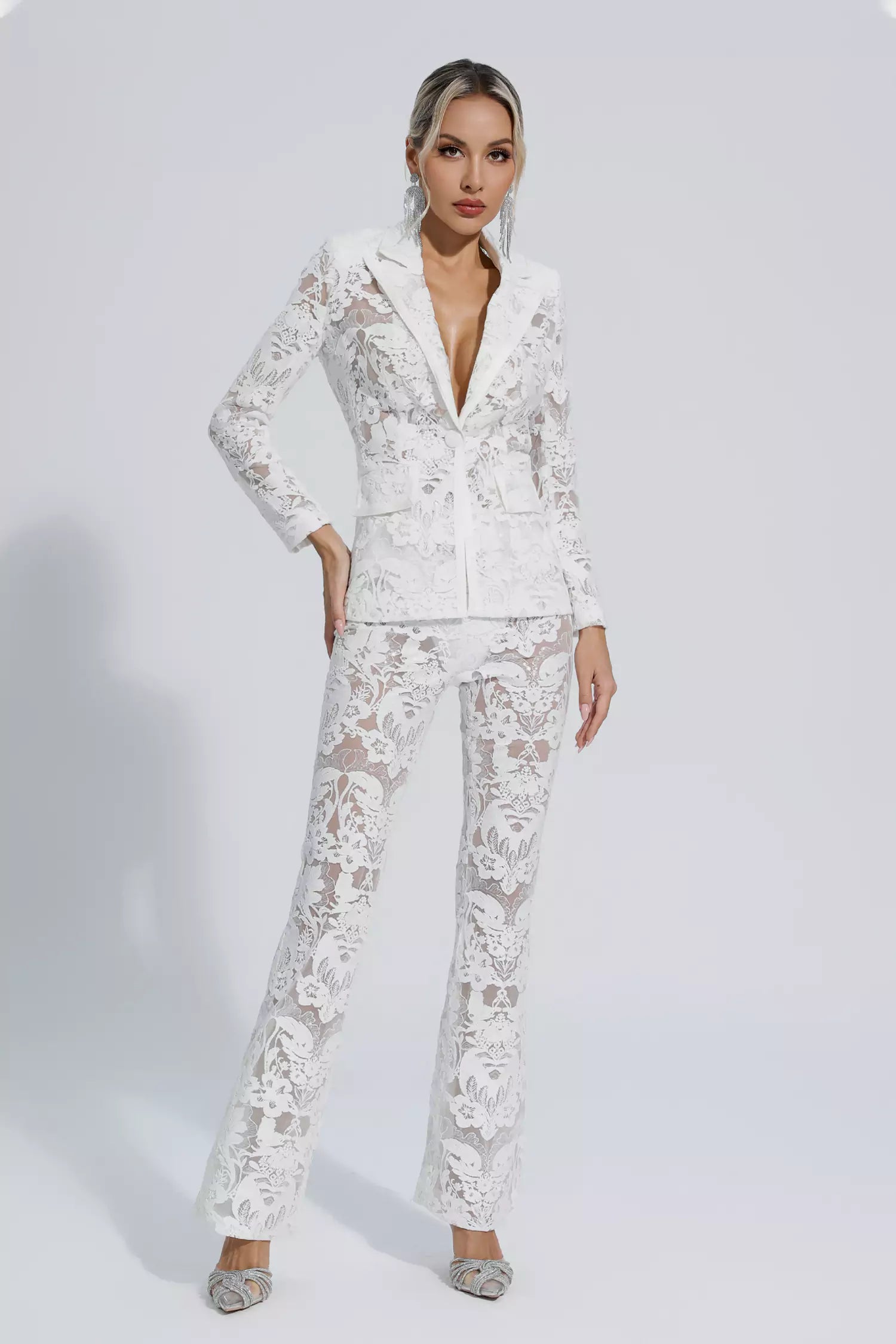 Reyna White Cutout Sequin Blazer Set