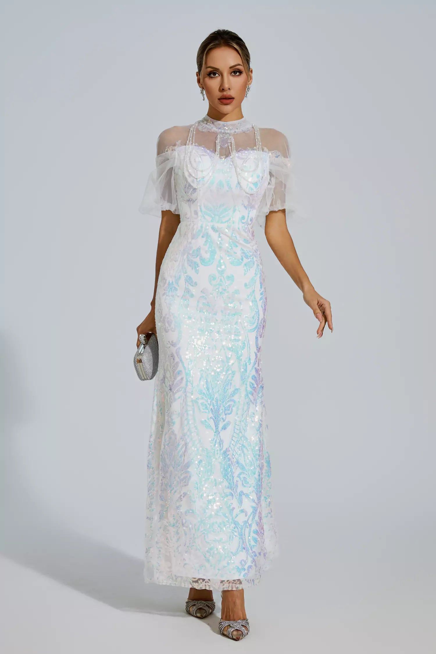 Robin White Mesh Maxi Sequin Dress