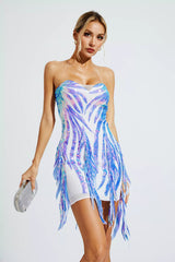 Salem Blue Irregular Sequin Fringe Mini Dress - Catchall