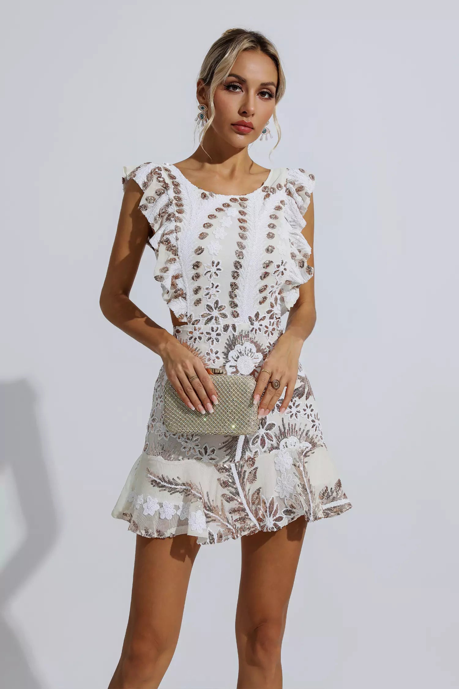 Sarai White Ruffle Floral Cutout Mini Dress