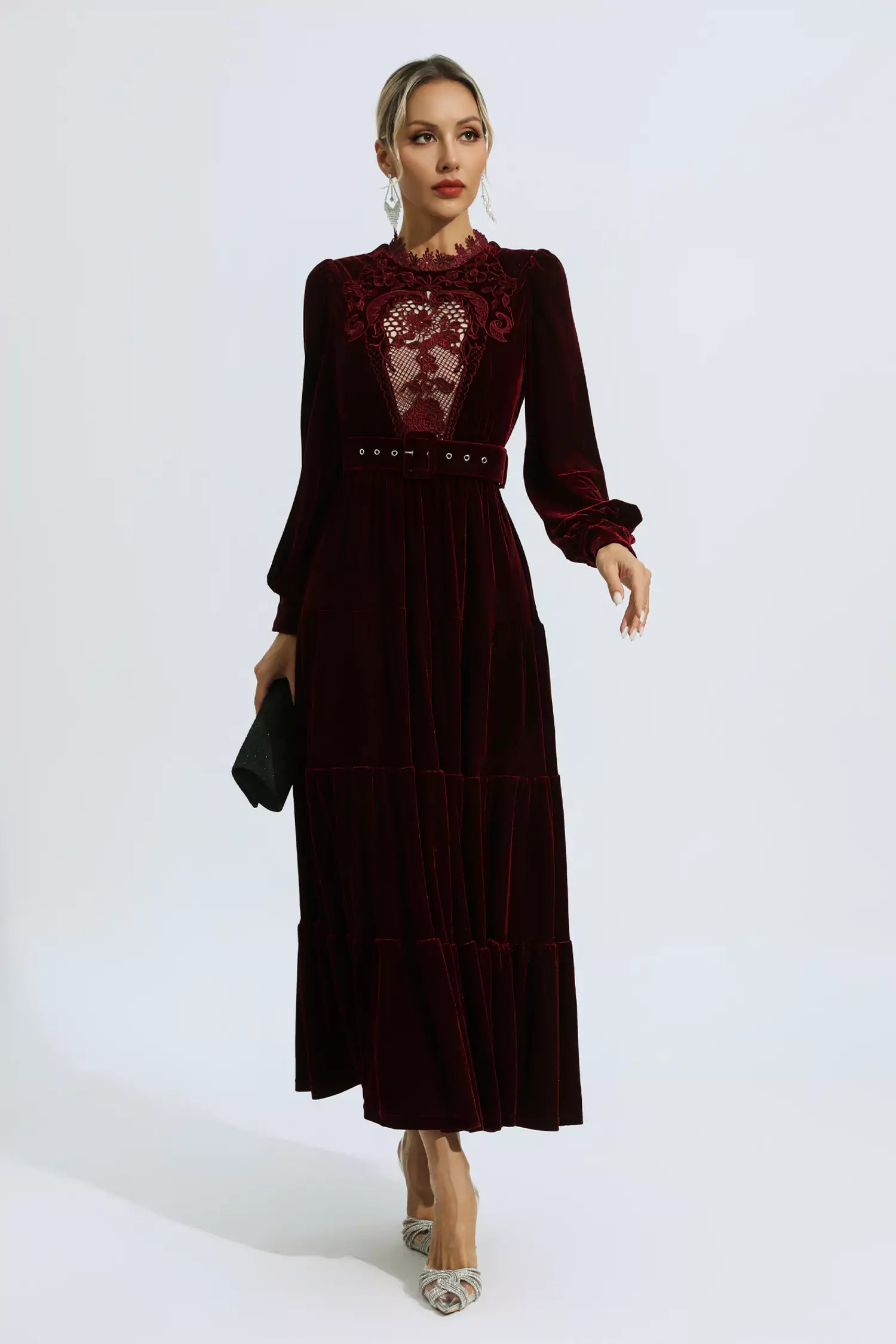 Selene Red Velvet Embroidered Maxi Dress