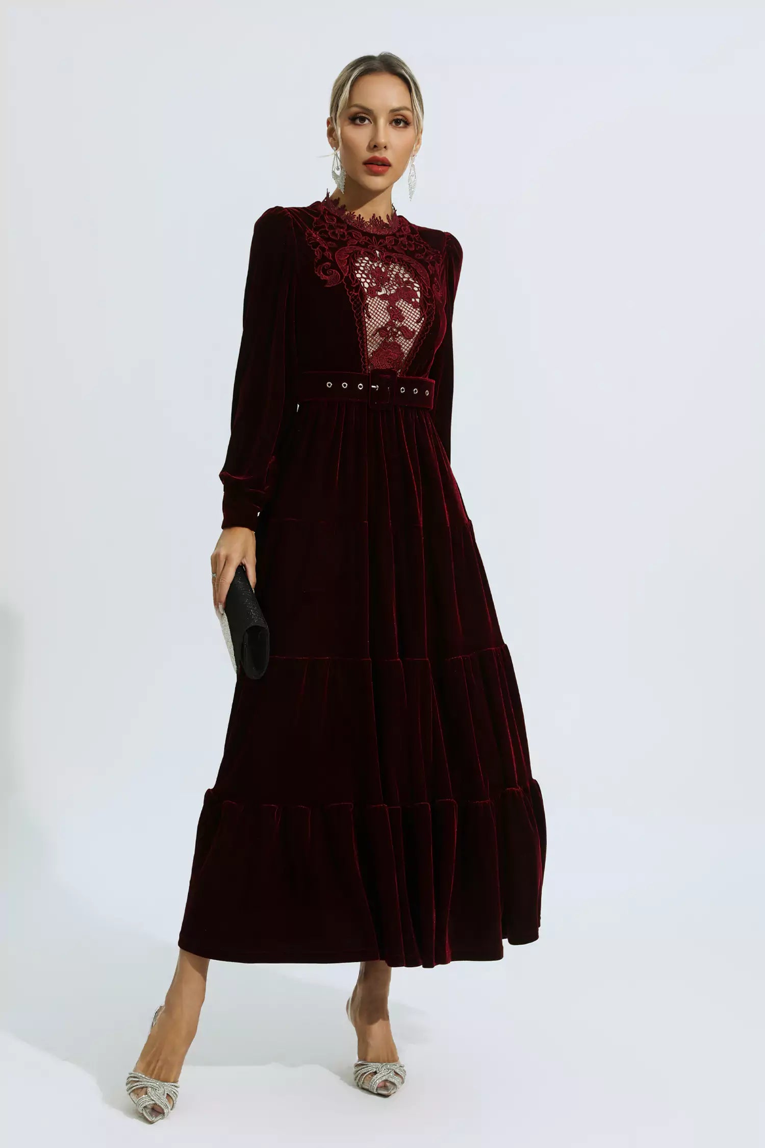 Selene Red Velvet Embroidered Maxi Dress