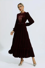 Selene Red Velvet Embroidered Maxi Dress