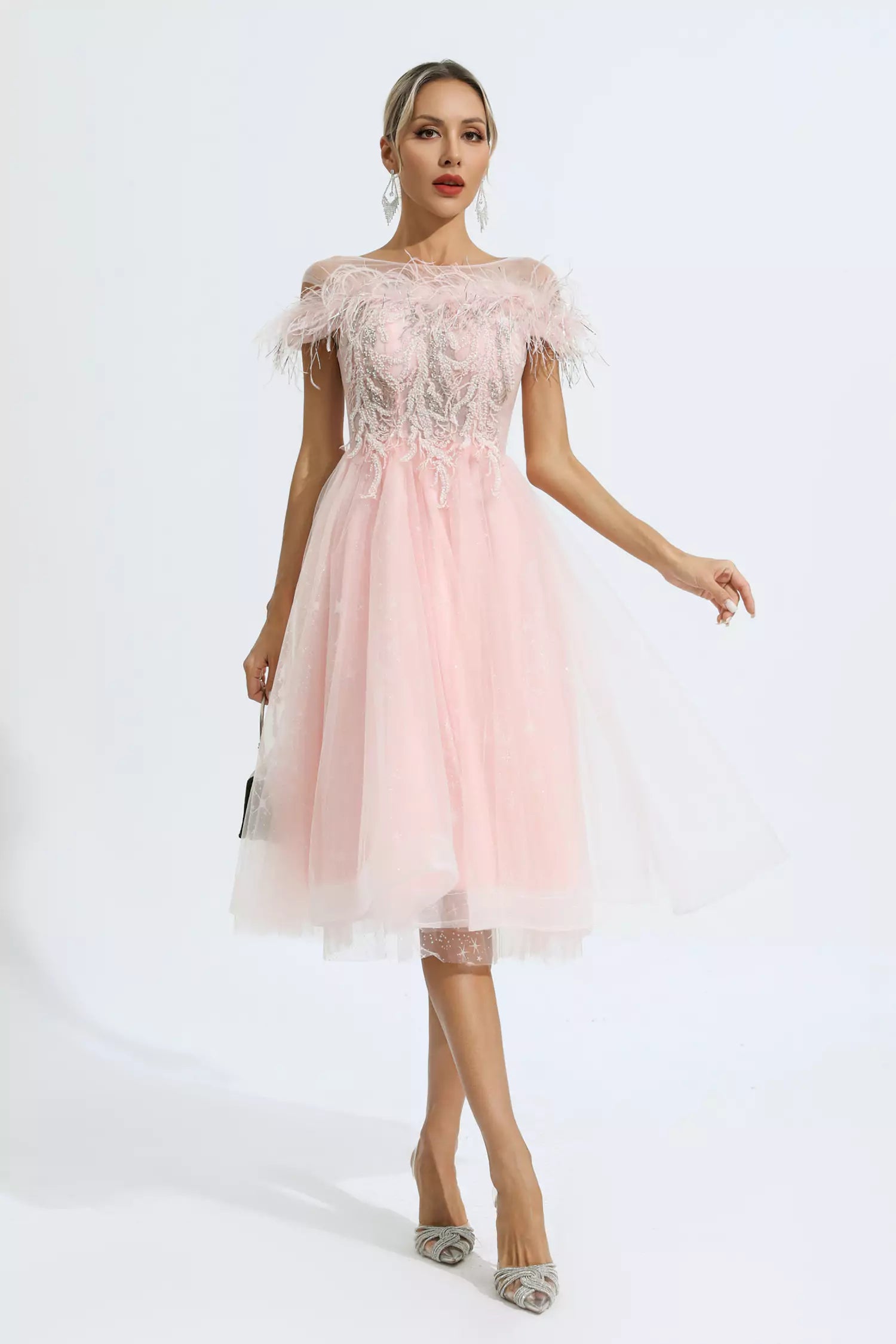 Sky Pink Feather Mesh Midi Dress