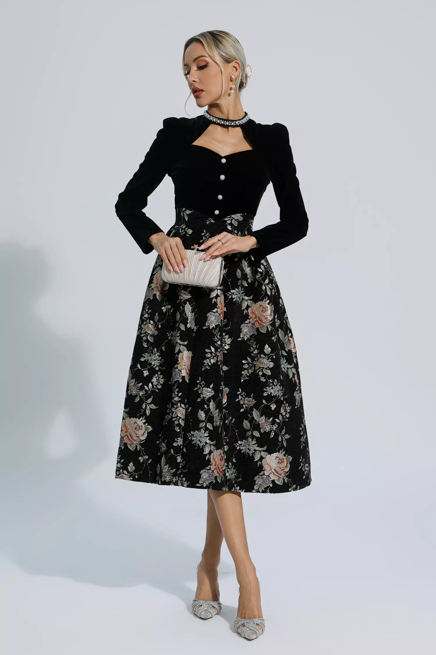 Skyla Black Waist Floral Long Sleeve Dress