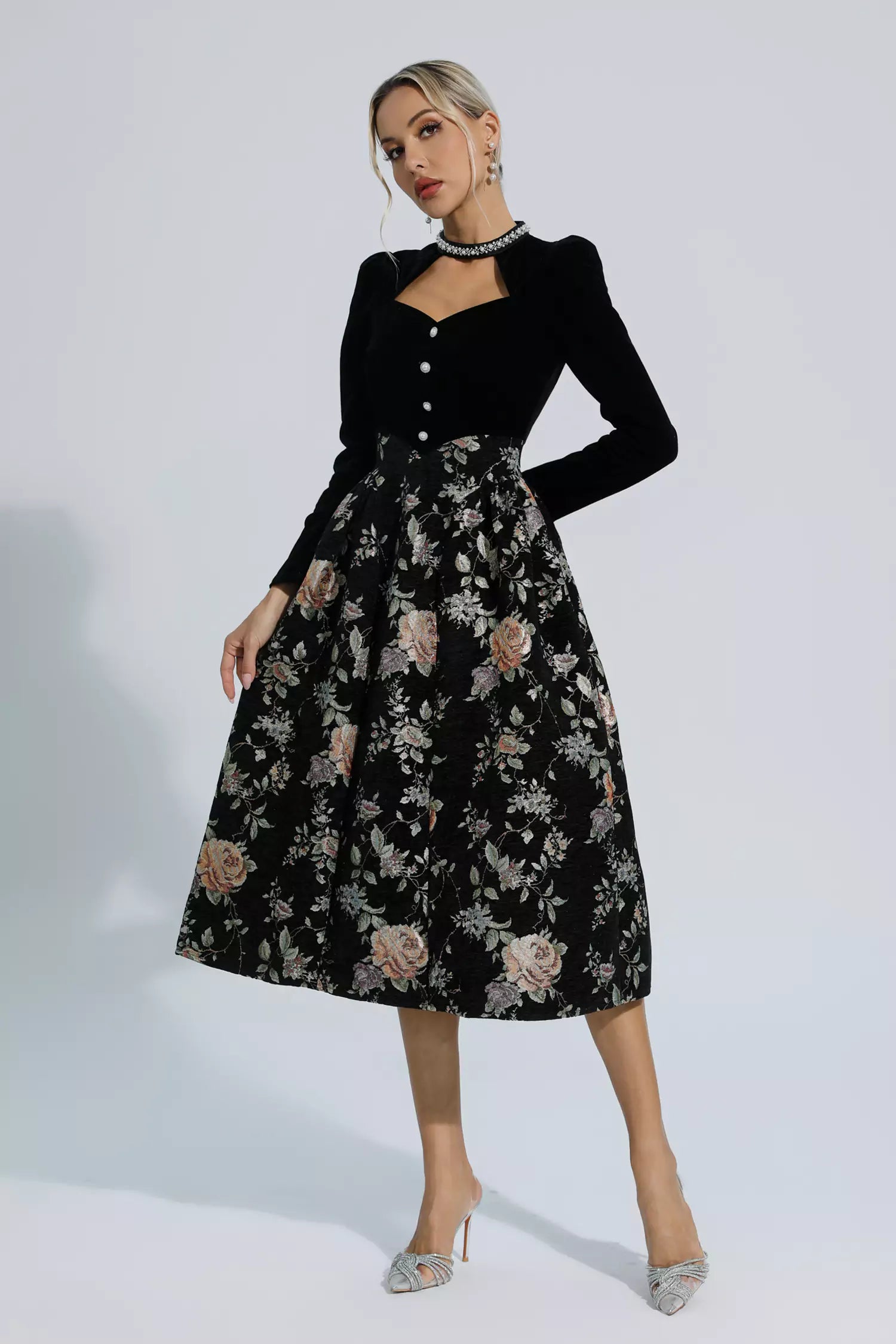 Skyla Black Waist Floral Long Sleeve Dress