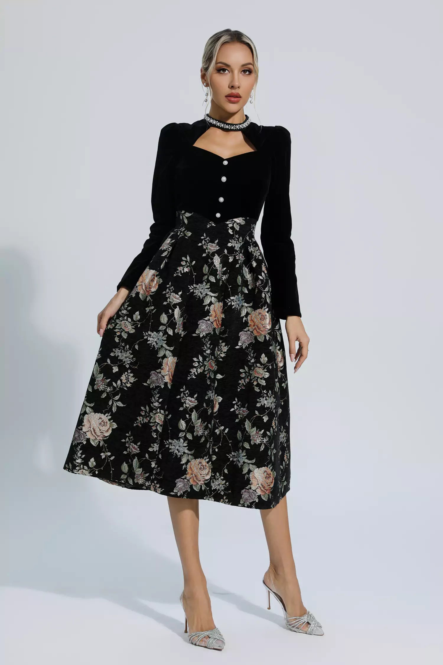 Skyla Black Waist Floral Long Sleeve Dress