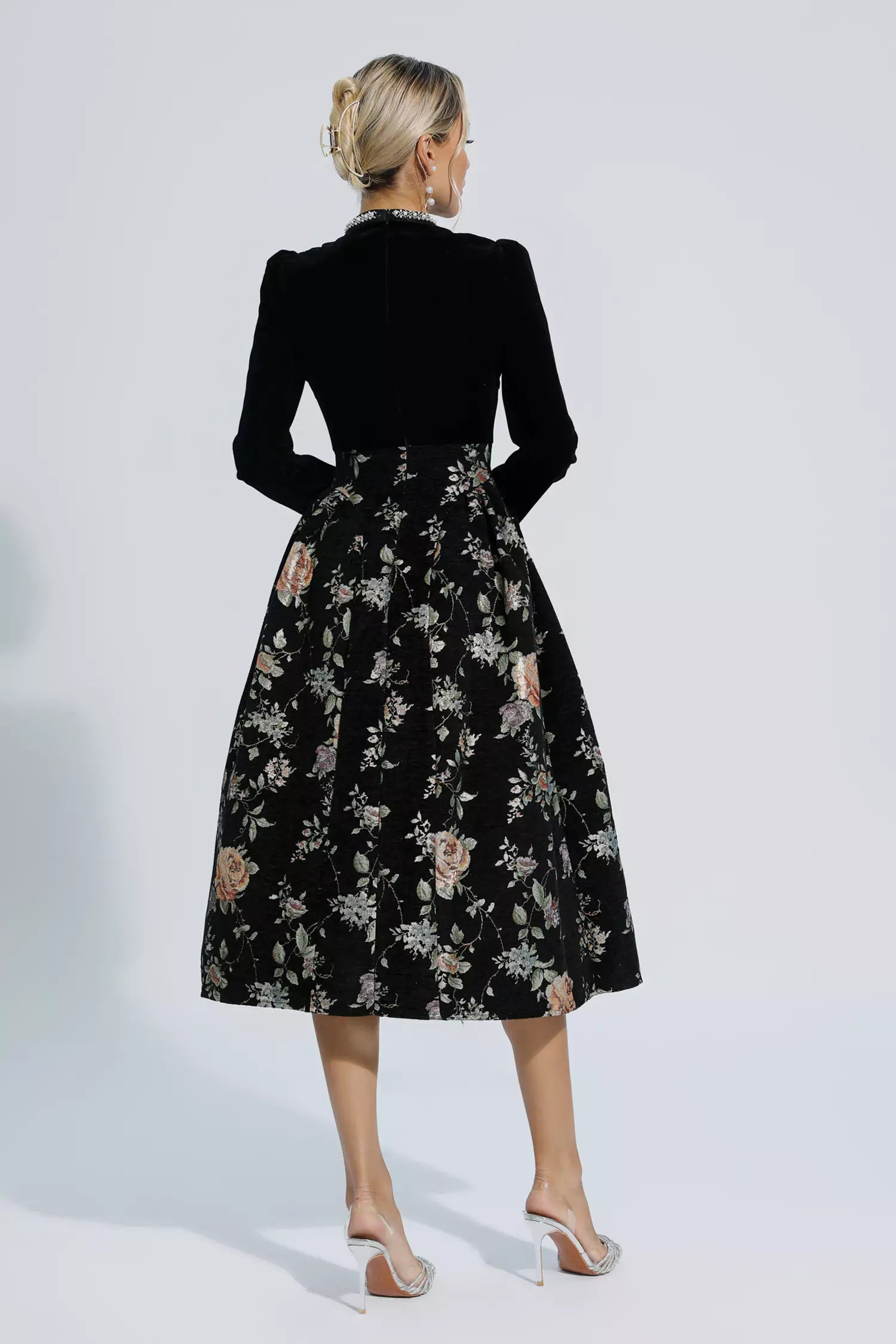 Skyla Black Waist Floral Long Sleeve Dress