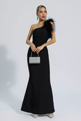 Tiana Black One Shoulder Feather Bandage Dress