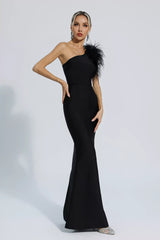 Tiana Black One Shoulder Feather Bandage Dress