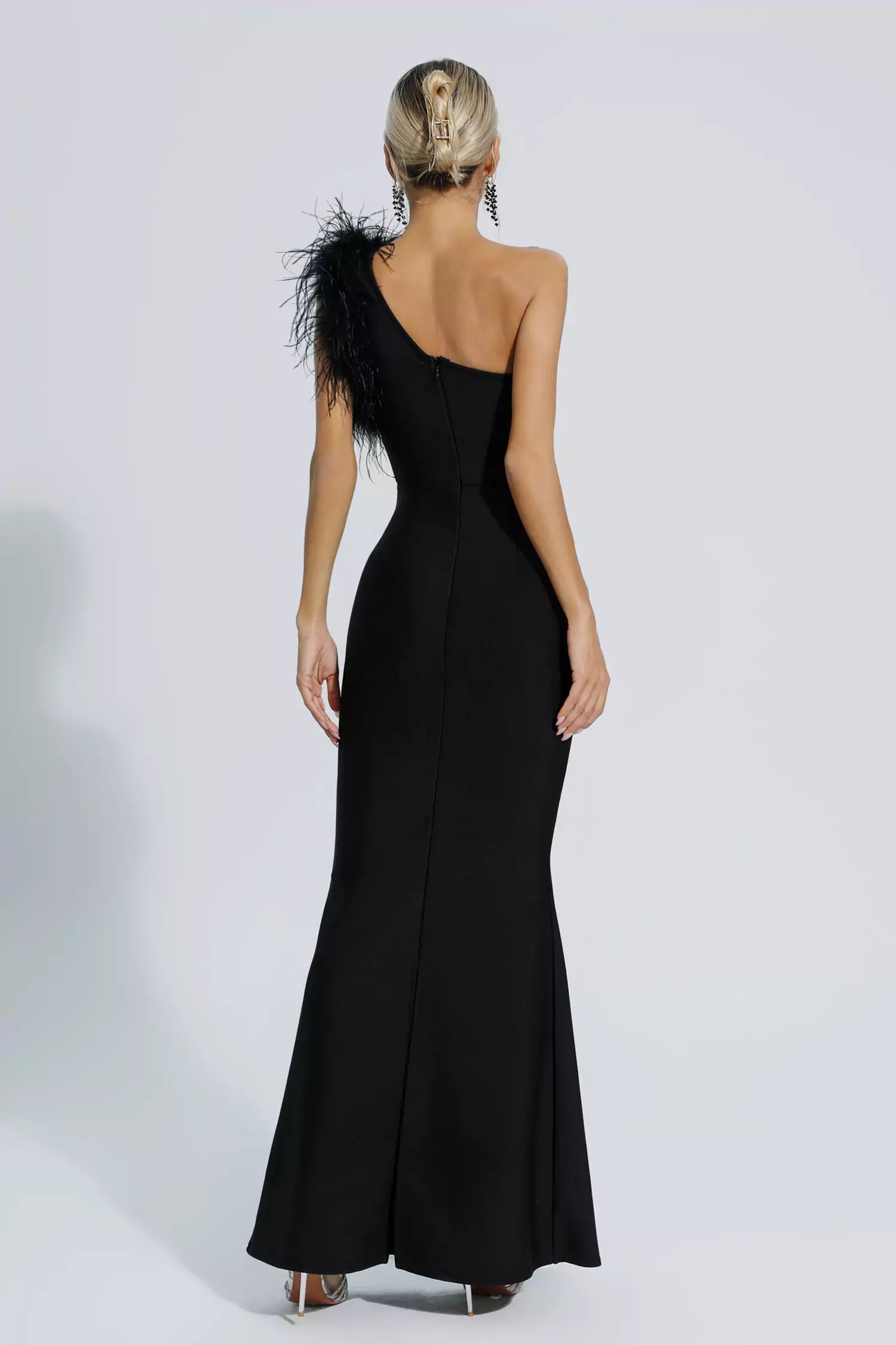 Tiana Black One Shoulder Feather Bandage Dress