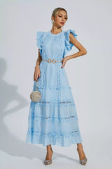 Treasure Blue Embroidered Belted Maxi Dress