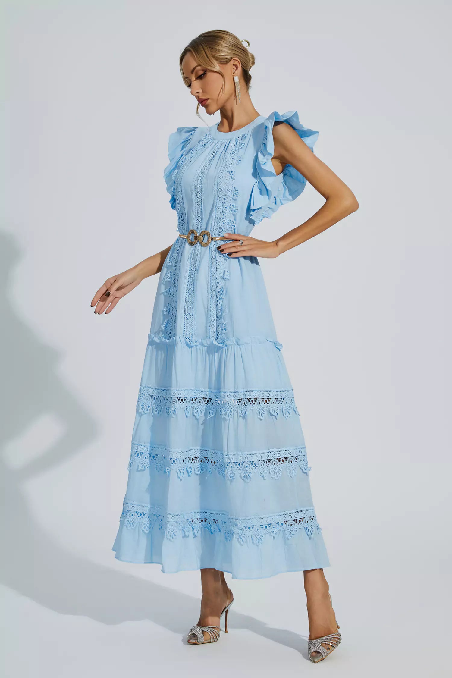 Treasure Blue Embroidered Belted Maxi Dress