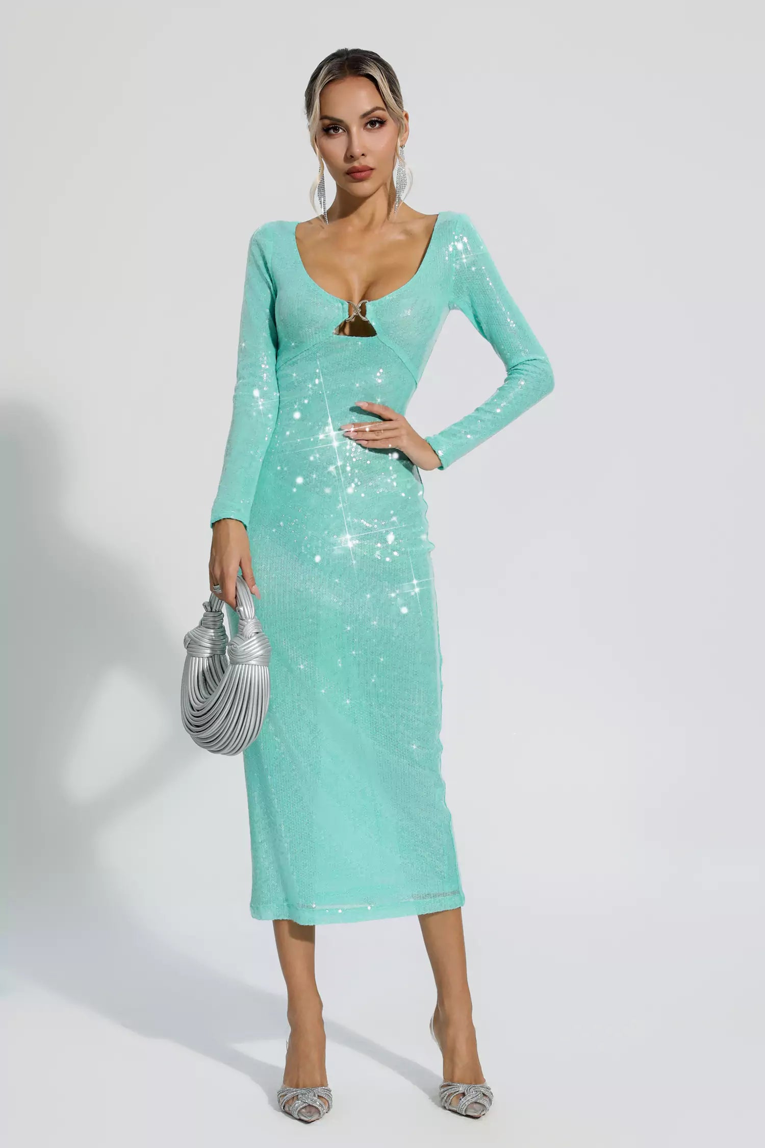 Winnie Green Long Sleeve Sequin Midi Dress