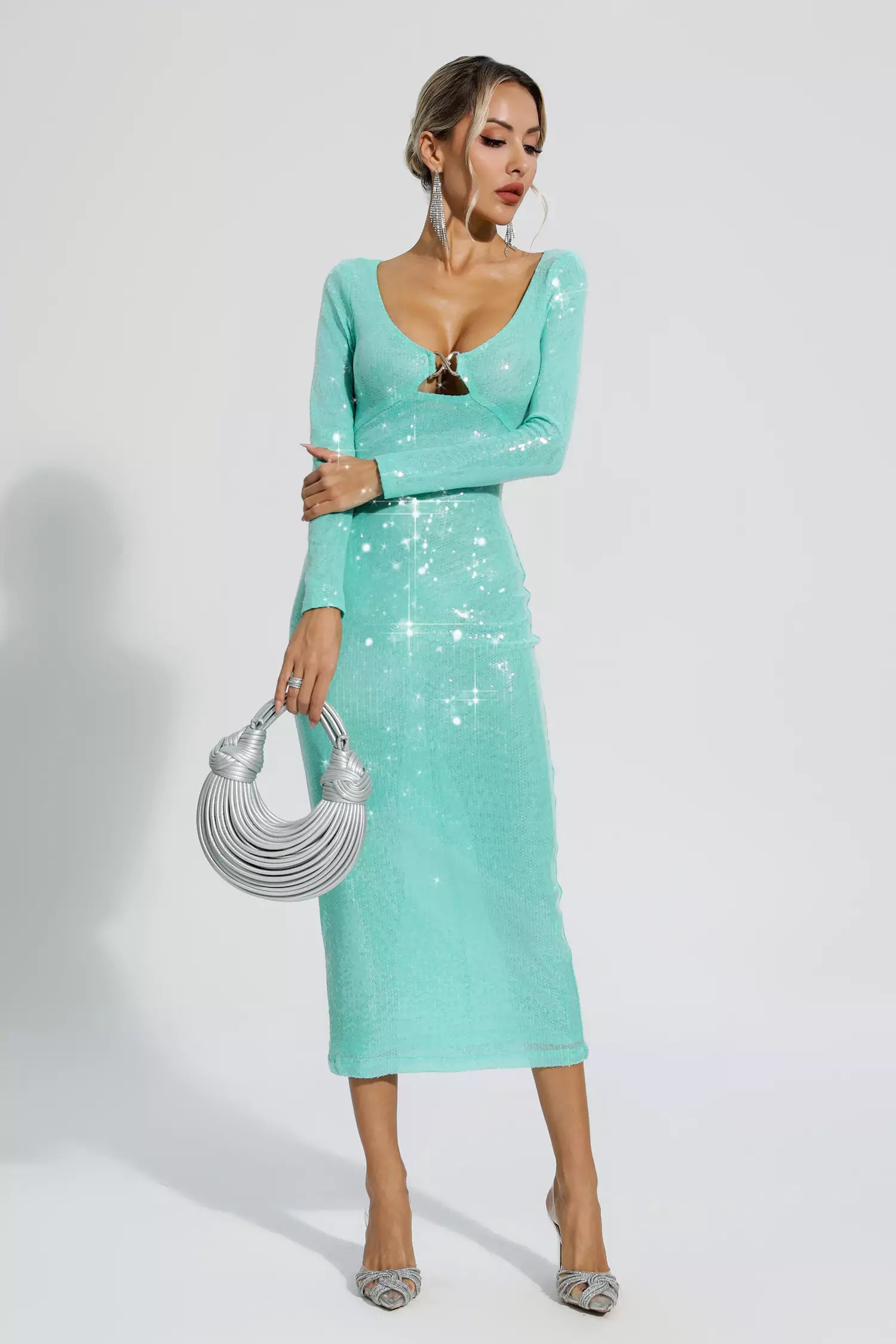 Winnie Green Long Sleeve Sequin Midi Dress