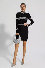 Hayley Black Diamond Embellished Long Sleeve Mini Dress