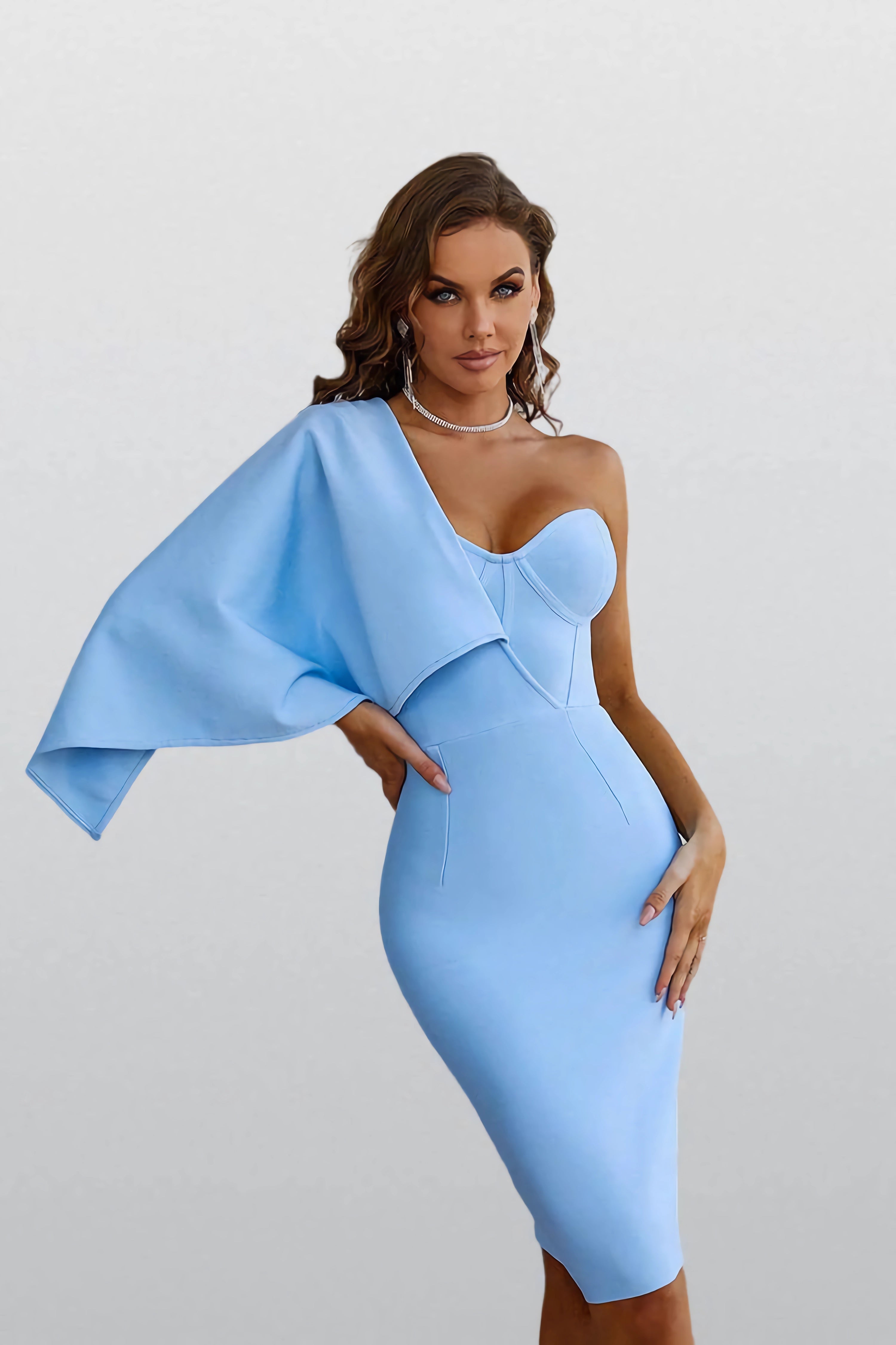 Zoey Baby Blue One Shoulder Bandage Dress - Catchall