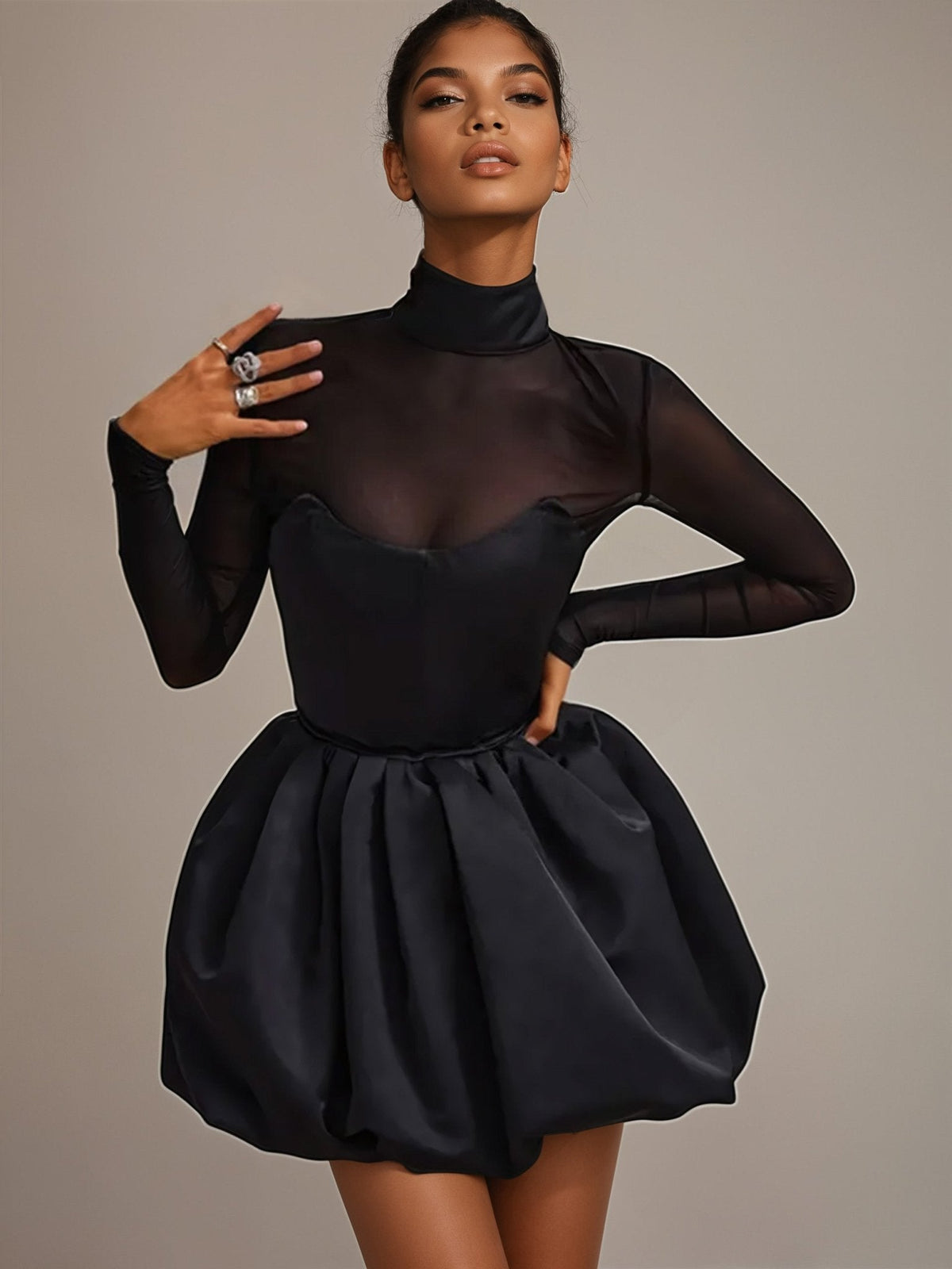 Black Sheer High-Neck Bubble long sleeve mini dress