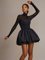 Black Sheer High-Neck Bubble long sleeve mini dress