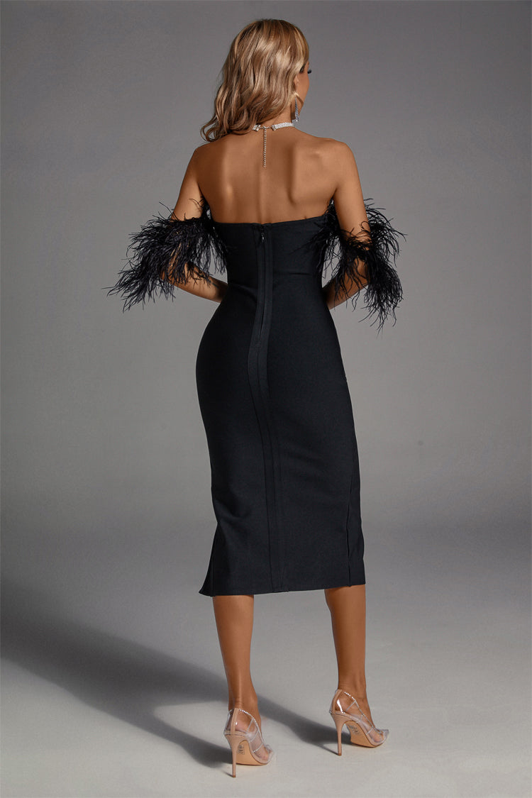 Ivy Black Off Shoulder High Slit Feather Dress