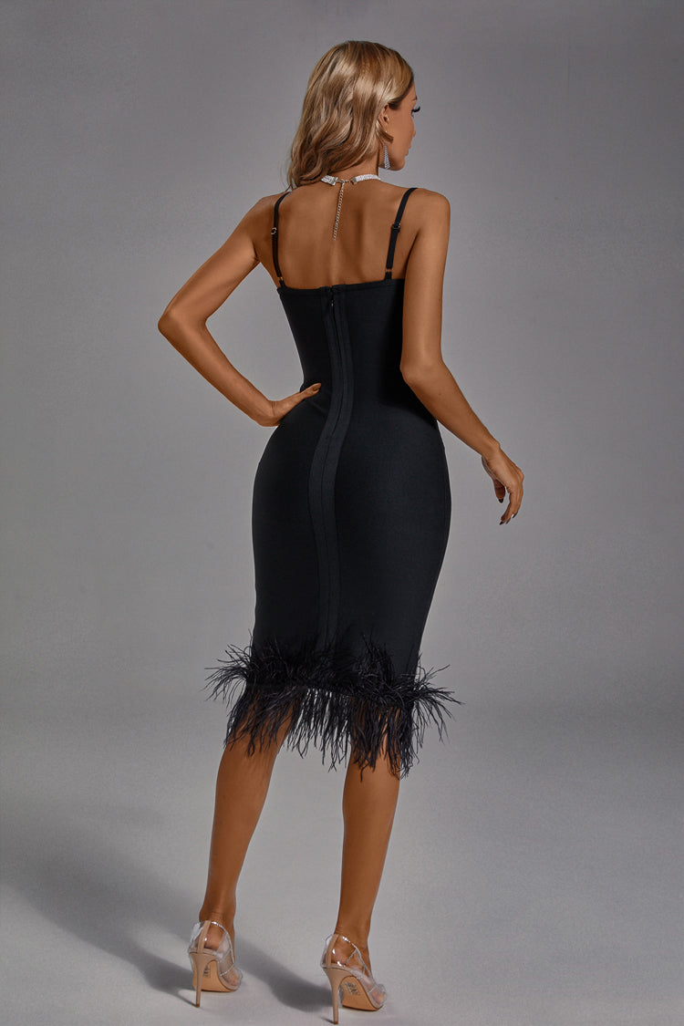 Victoria Black Feather Tassel Midi Dress