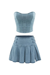 Denim Tube and Pleated Skirt Set