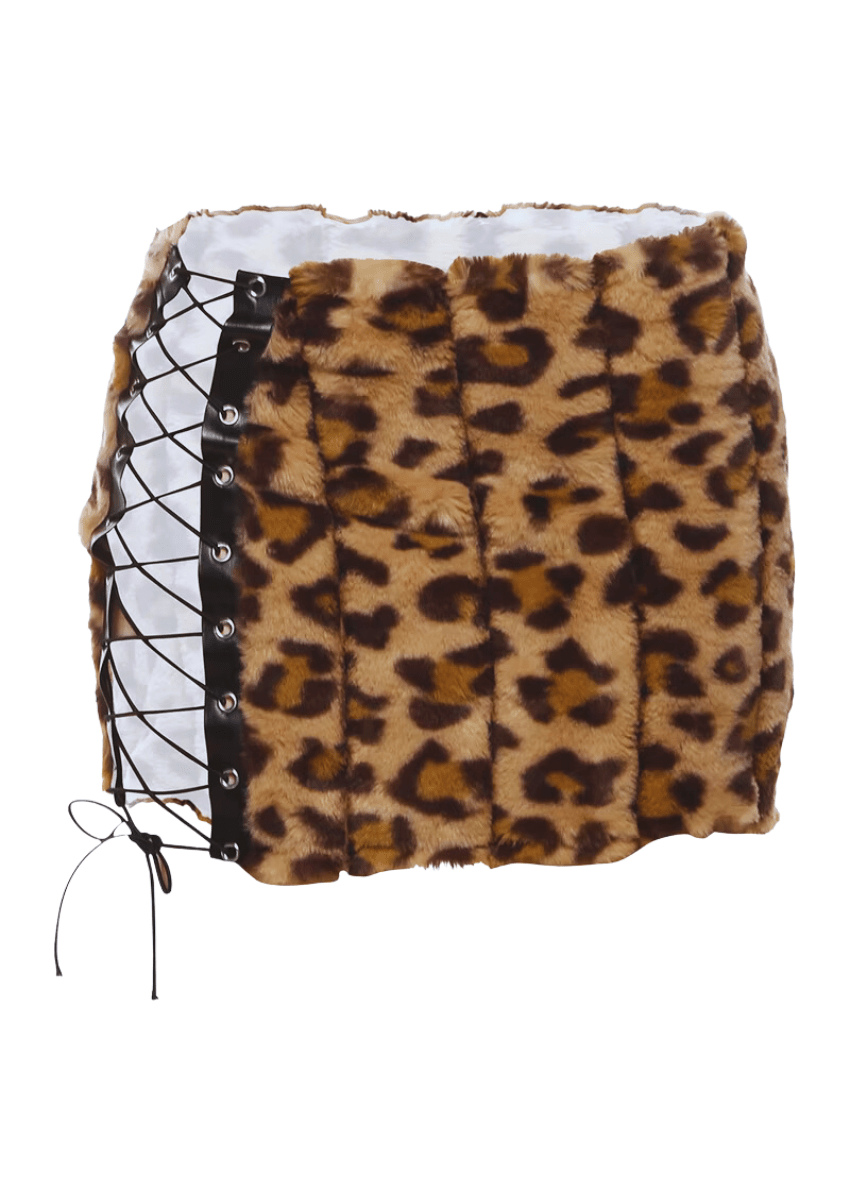 Fuzzy Leopard Lace-Up Mini Skirt