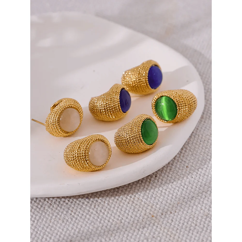 Gold Toned Textured Oval Stone Earrings