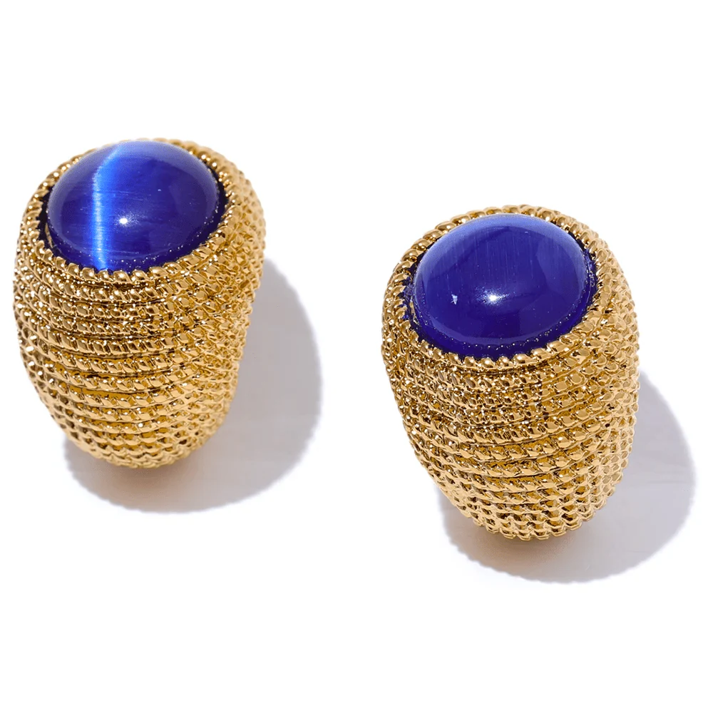 Gold Toned Textured Oval Stone Earrings