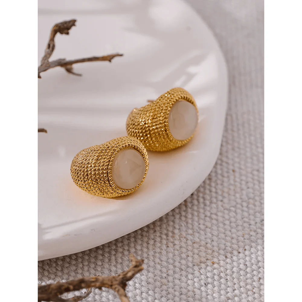 Gold Toned Textured Oval Stone Earrings