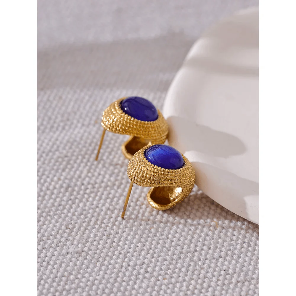 Gold Toned Textured Oval Stone Earrings