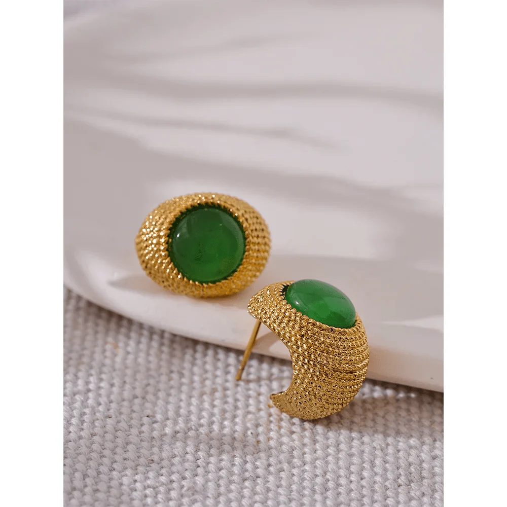 Gold Toned Textured Oval Stone Earrings