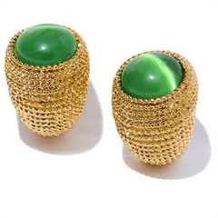 Gold Toned Textured Oval Stone Earrings