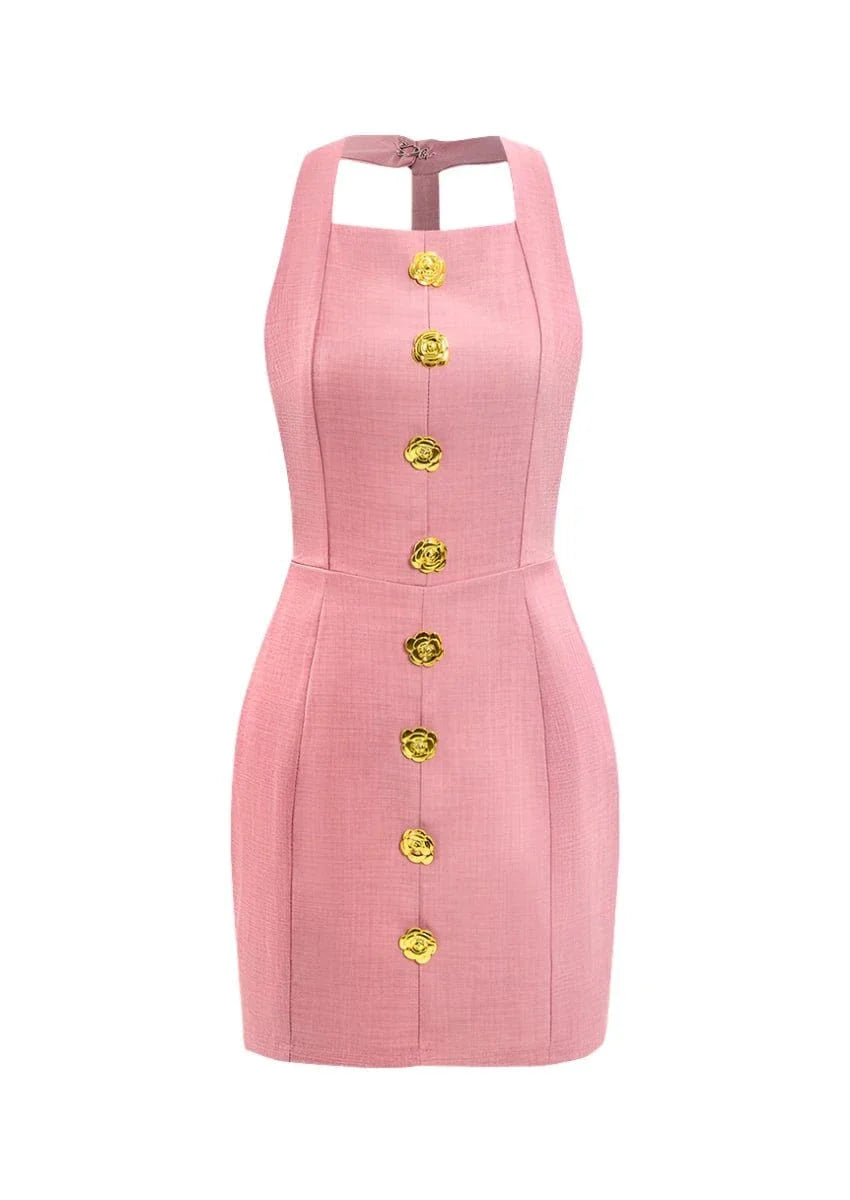 Halter Mini Dress with Rose Gold Buttons