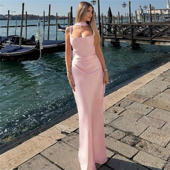 Cowl-Neck Backless Pleated Dress
