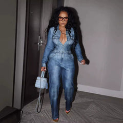 Zipper With Belt Denim Jumpsuit