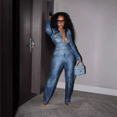 Zipper With Belt Denim Jumpsuit
