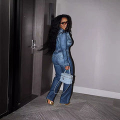 Zipper With Belt Denim Jumpsuit