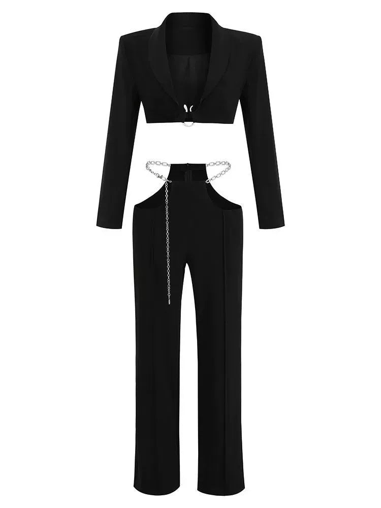 Two-Piece Set With Chain Belt Top And Trousers