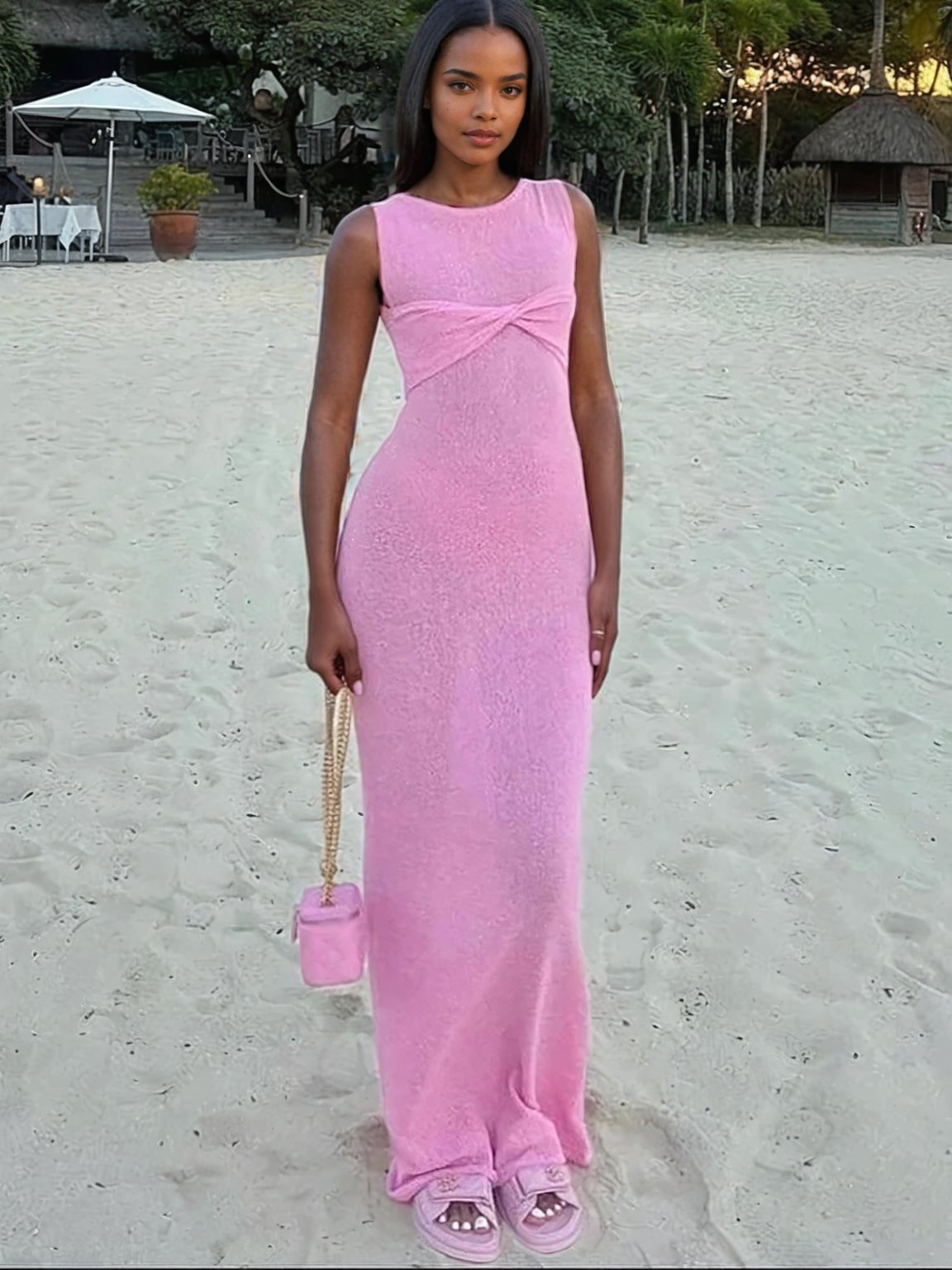 Knitted Round Neck Ruched Maxi Dress Krzno Knitted Round Neck Ruched Maxi Dress Krzno