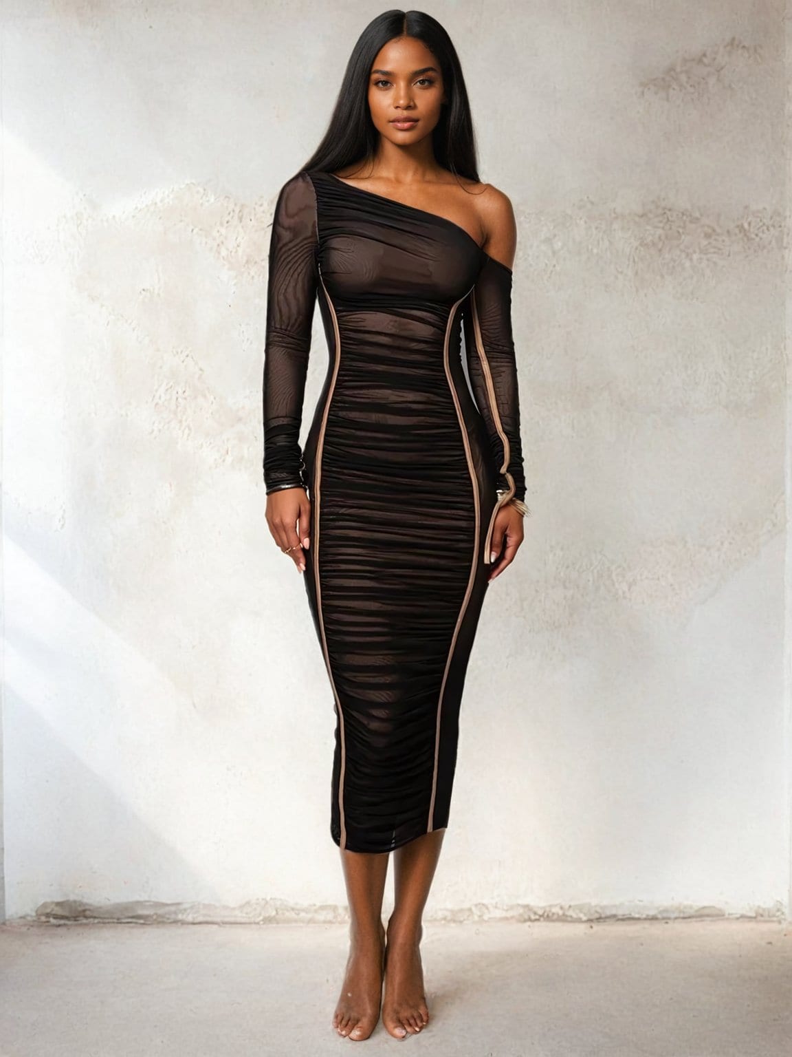 Long sleeve one shoulder Midi Dress – Krzno