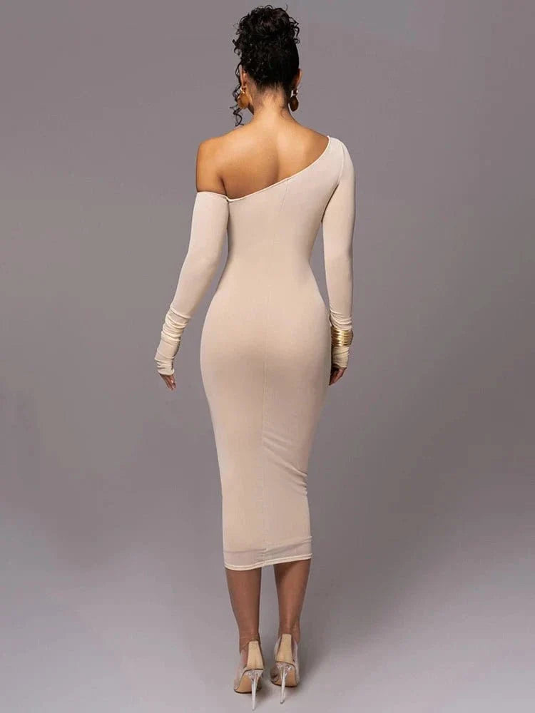 Long sleeve one shoulder Midi Dress – Krzno Long sleeve one shoulder Midi Dress – Krzno