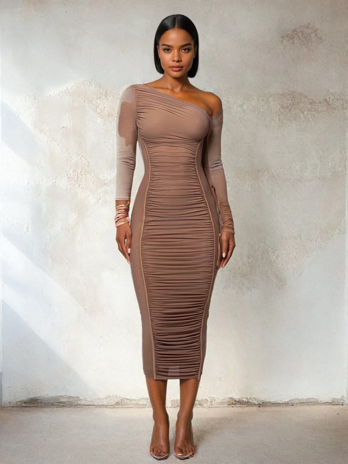 brown one shoulder long sleeve dress & Other Stories - Draped One Shoulder Maxi Dress - Women - Viscose/Elastane - L