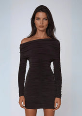 Off Shoulder Ruched long sleeve Mini Dress