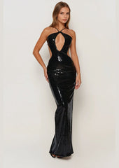 Sequin Halter Backless Maxi Dress