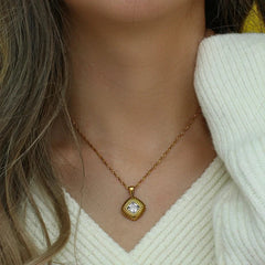Square Texture Sterling Silver Zircon Pendant Necklace